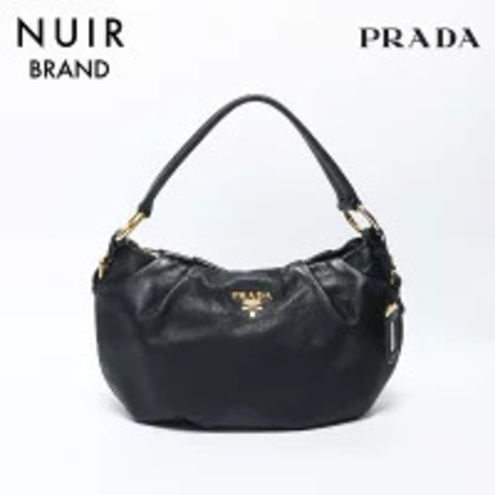Prada One Shoulder Hobo Leather Logo Handbag Black